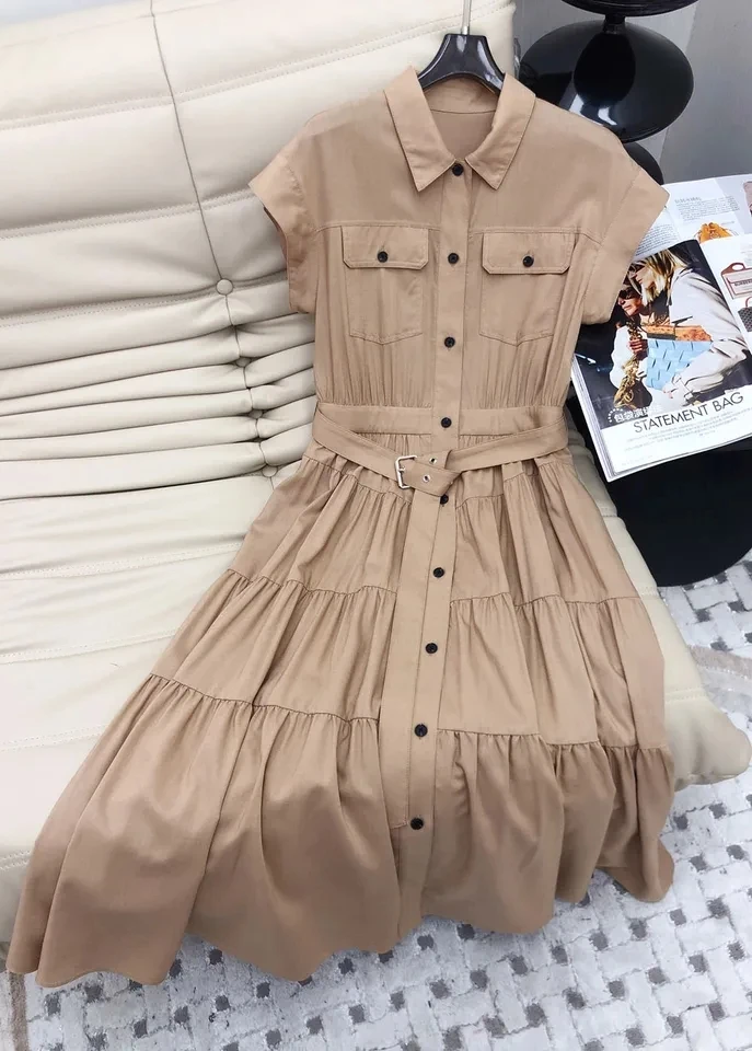 2024 spring women safari style single breasted long dresses short sleeve turn down collar belt a-line dress