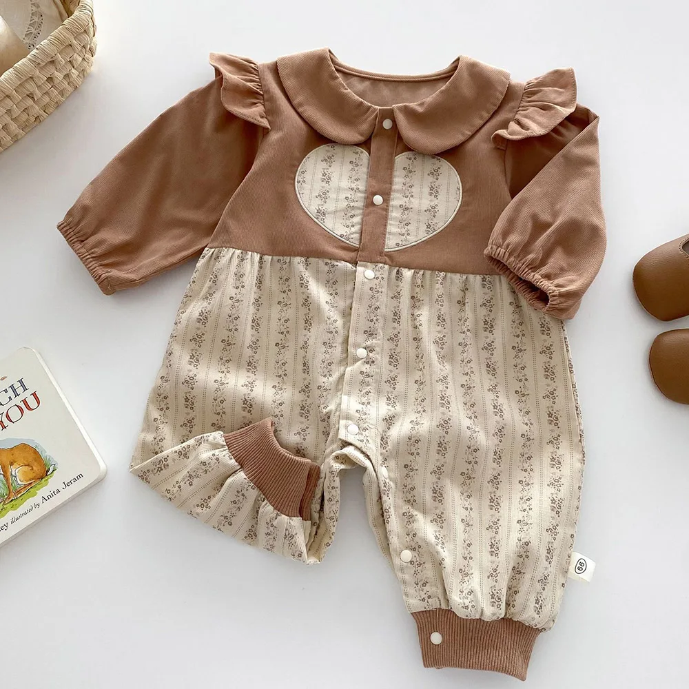 Baju monyet lengan panjang bayi perempuan, Jumpsuit katun kerah Peter Pan motif bunga, pakaian putri ulang tahun pertama