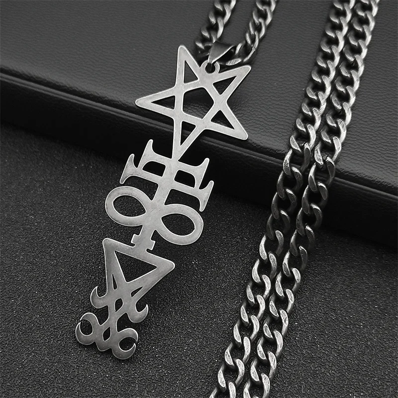 Hexerei Siegel Kirche von Satan Pentagramm Anhänger Halskette für Frauen Männer Edelstahl schwarz Farbe Kreuz Punk Schmuck ﻿ 911 – Detail 8