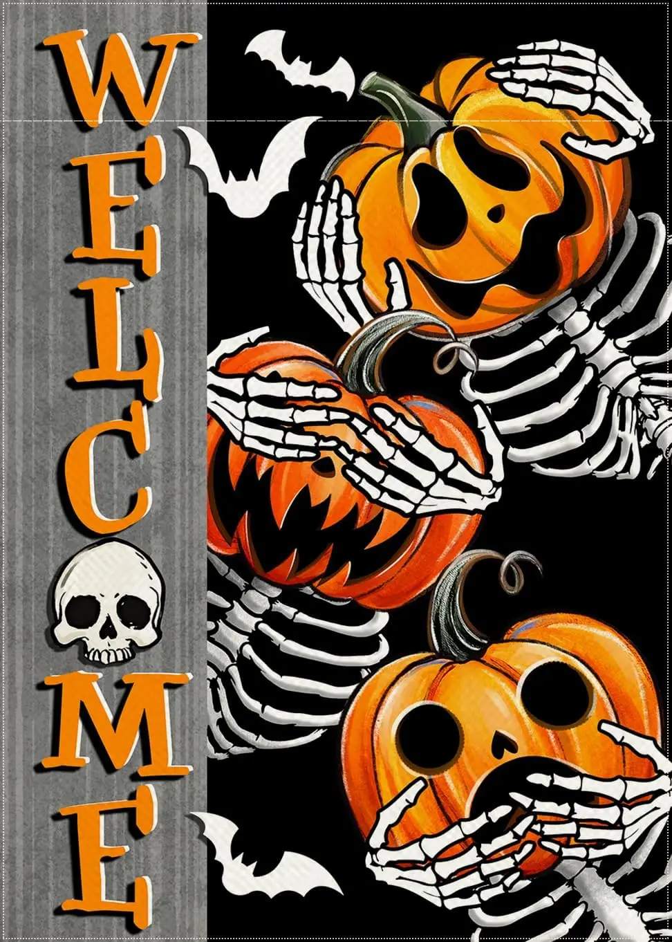 Welcome Halloween Gothic Pumpkin Skeleton Decorative Garden Flag, Spooky Jack O Lantern Skull Bat Yard Outside Decorations, Funn