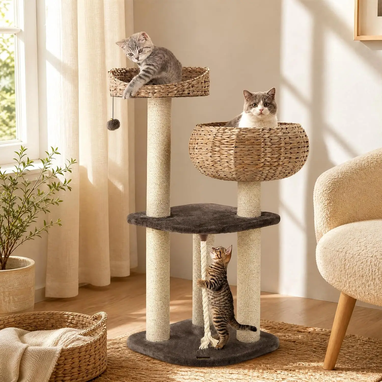 41 Inch Multi-Level Cat Tree with 5 Sisal Scratching Posts, Hand-Woven Water Hyacinth Tower, Top Perch & Dangling Ball for Indoor Cats