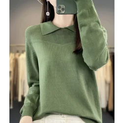 Frauen 100% Baumwolle Strick pullover Puppen kragen fester Pullover Frühherbst Bottom ing Sweater bequeme atmungsaktive Tops Kleidung