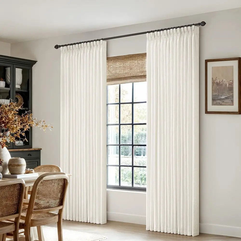 Linen Pleated Drapes, 84 Length, 2-Panel Set, Neutral Ivory, Light Filtering for Living Spaces