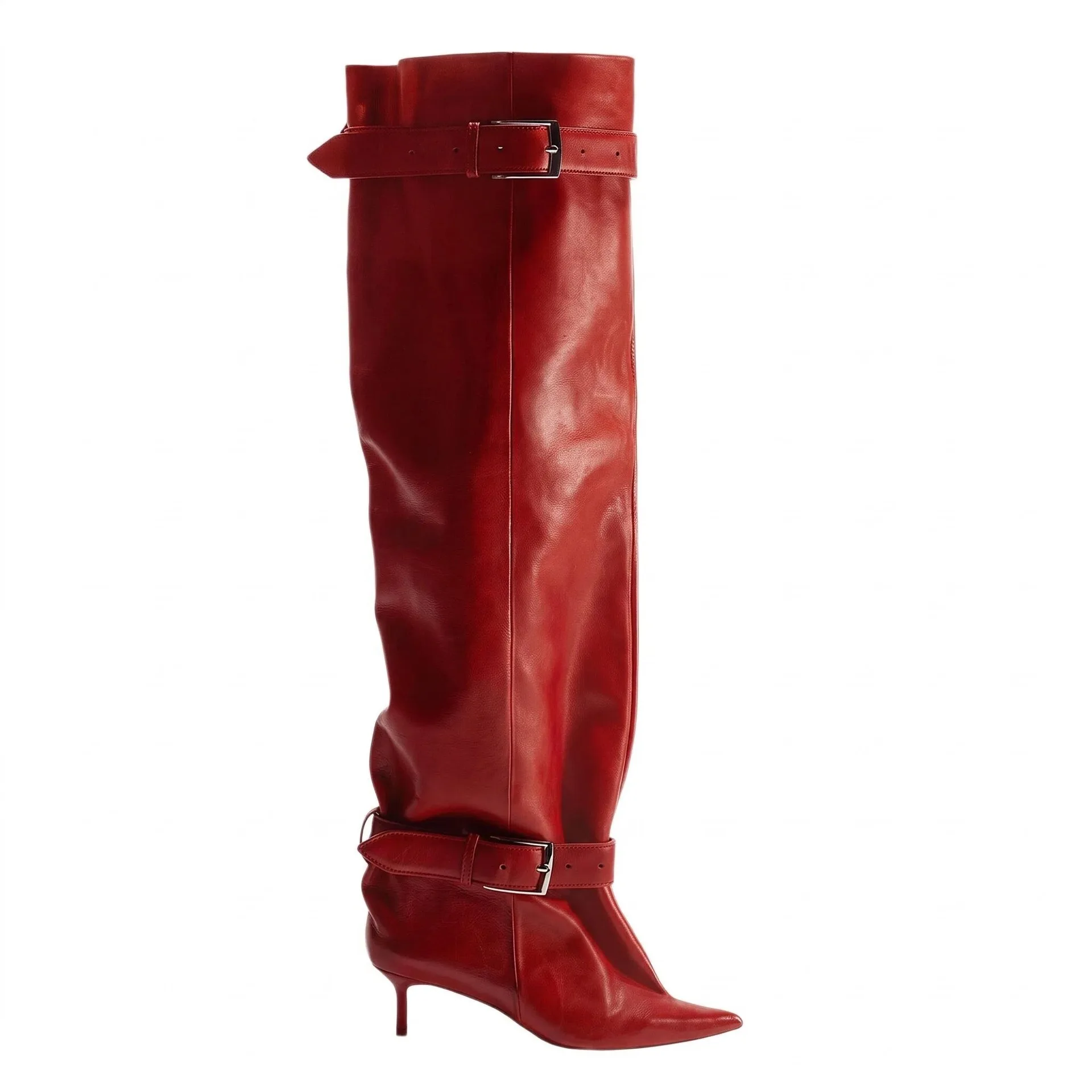 2026 Women's New Pointed Low Heel Thigh Boots with Belt Buckle, Straight Tube Long Plus Size 43 Over The Knee Women's Boots 43 - view 4