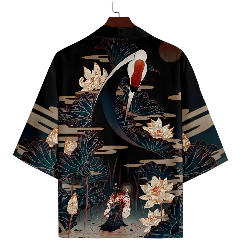 

Vintage Crane Print Japanese Kimono Streetwear Men Women Cardigan Haori Harajuku Traditional Beach Yukata Plus Size 5XL 6XL