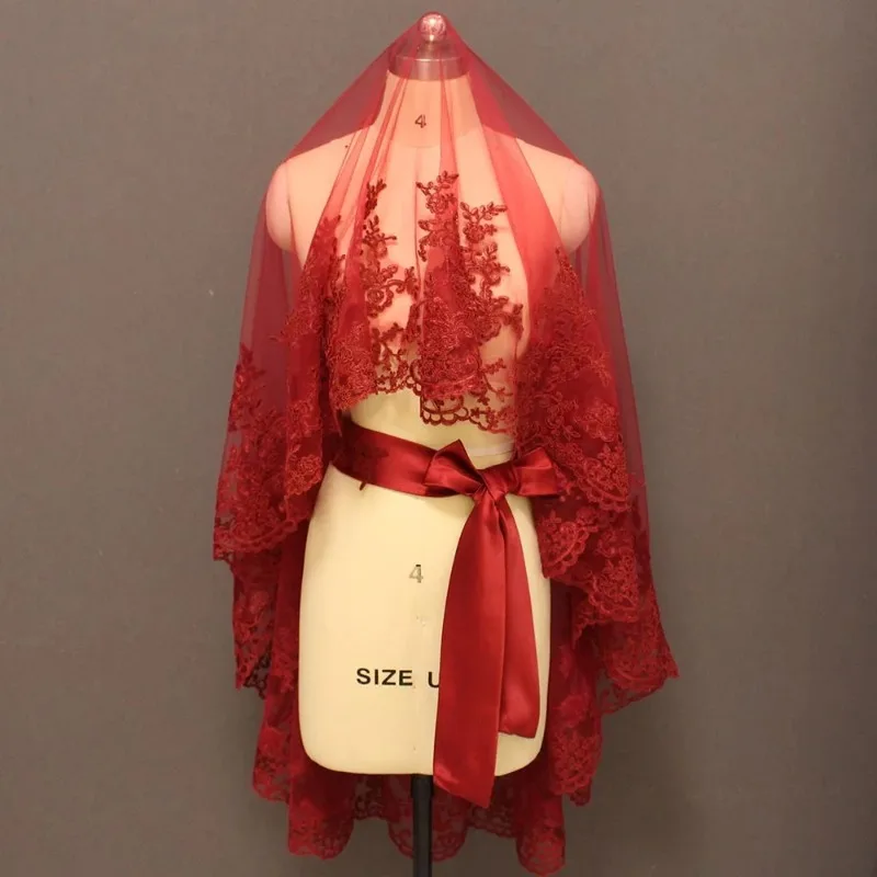 

Dark Burgundy Lace Wedding Veil Elegant Soft Tulle Short Burgundy Bridal Veil Bride Wedding Headpieces