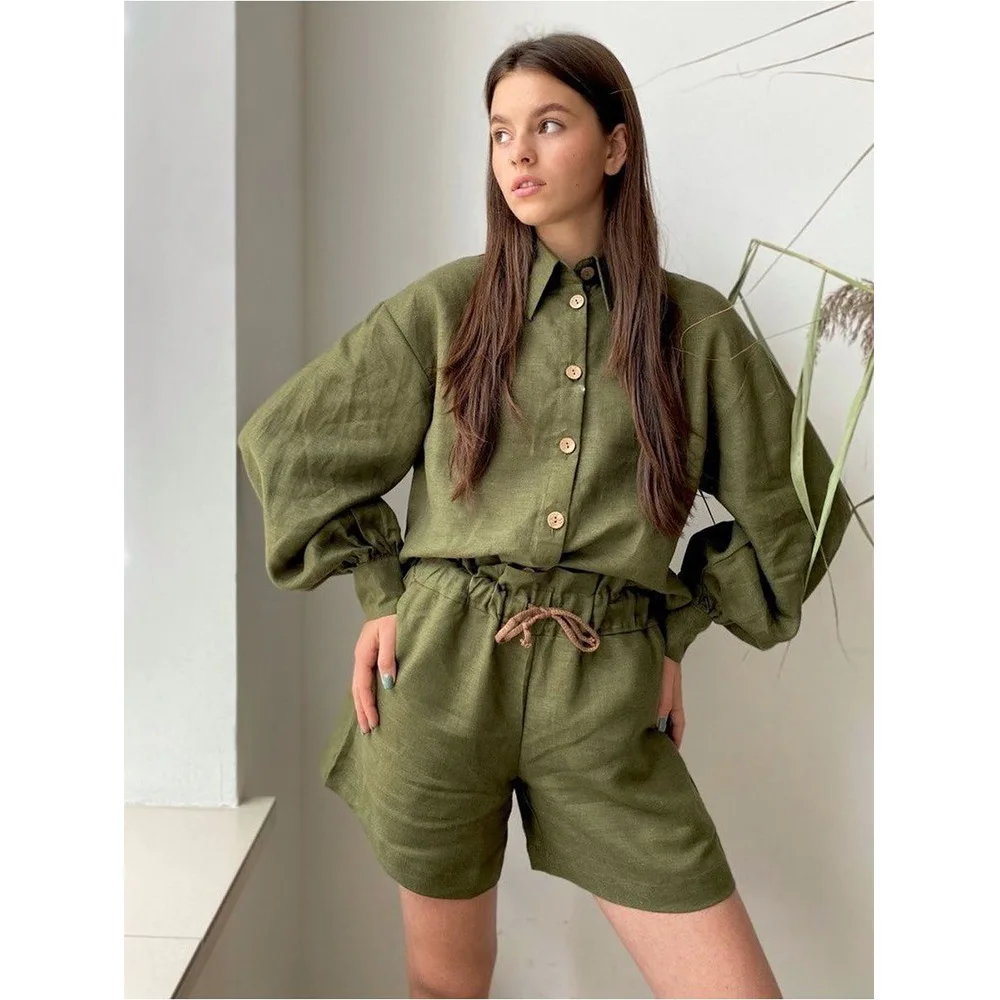 

Women Summer Cotton Linen Suit Thin Long Sleeve Button Blouse Shirts and Shorts Suits Loose Causal Green Outfit