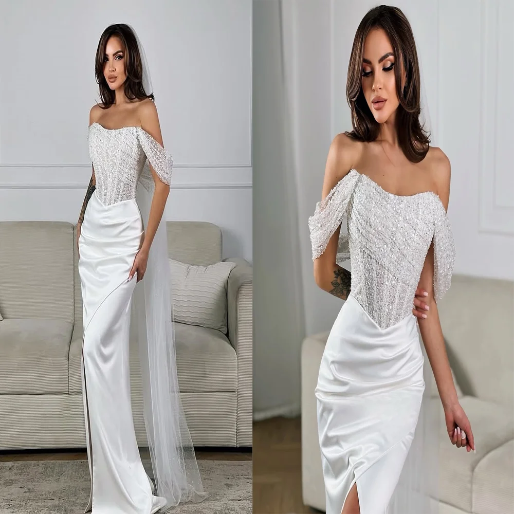

свадебное платье Off Shoulder Sequins Corset Wedding Dress Sheath Backless Front Slit Bridesmaid Gown with Train