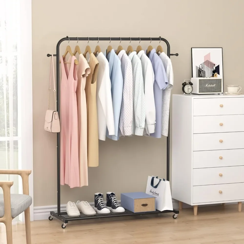 

Clothes Rack on wheels, Clothing Rack with Bottom Mesh Storage Shelf,Sturdy Metal Frame,Rolling Garment Rack for Hanging