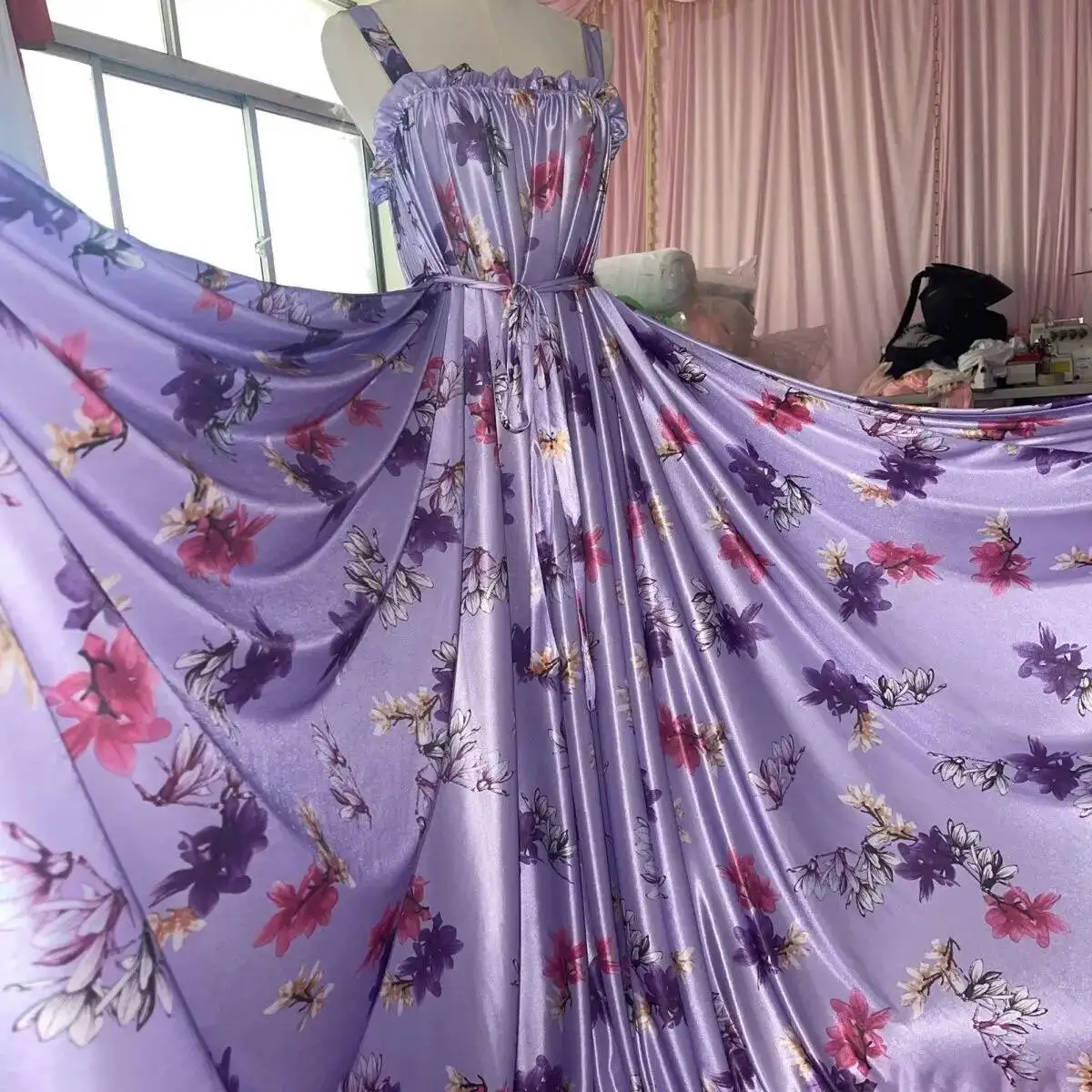

Glossy Floral Print Women Satin Sleeveless Purple Dress Loose Maxi Dress Plus Size Sleeping Robe