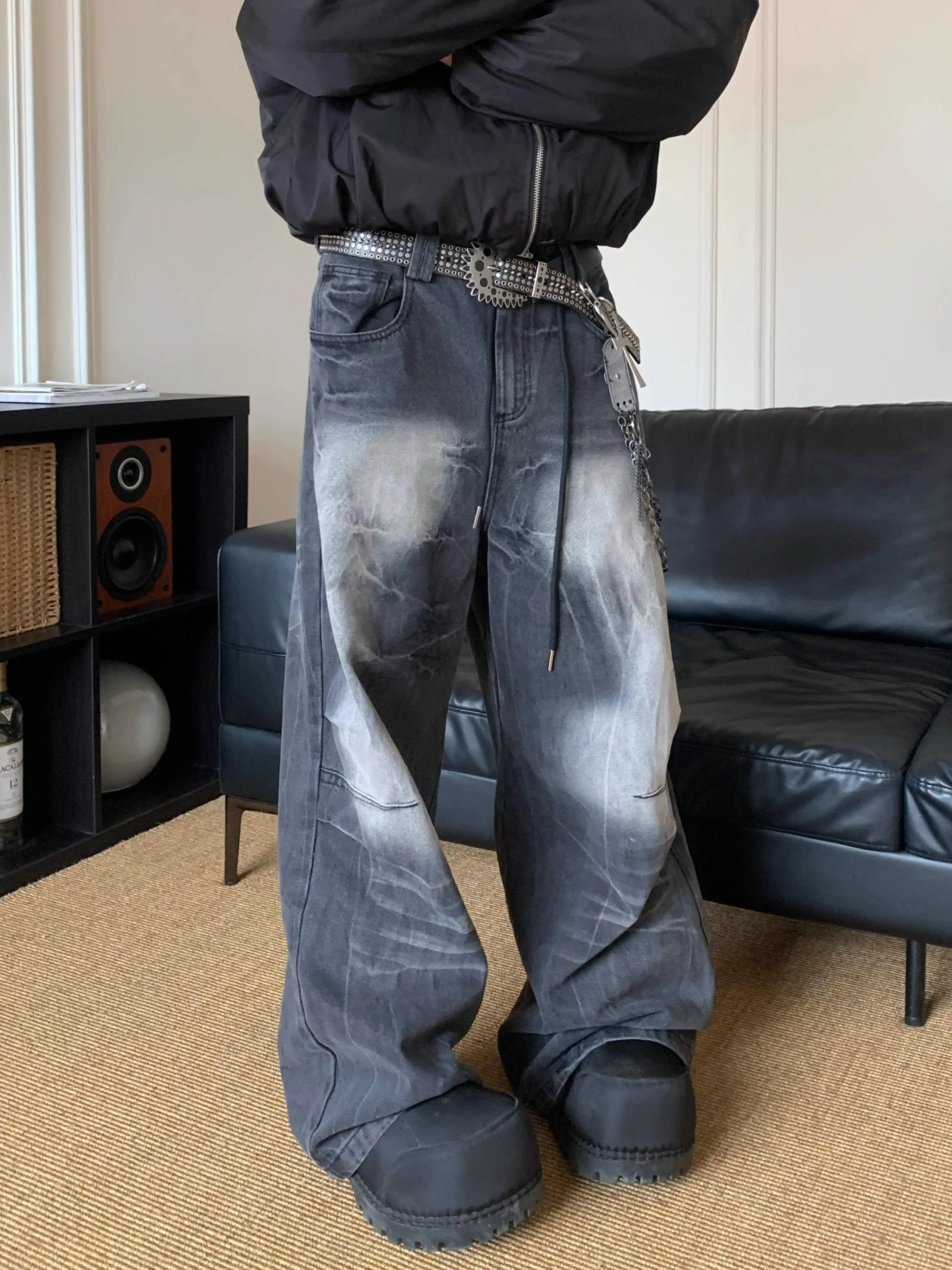 

Retro American Vintage Washed Denim Jeans Loose Wide Leg Pants Unisex Small Design Youth Fashion Wear Resistant