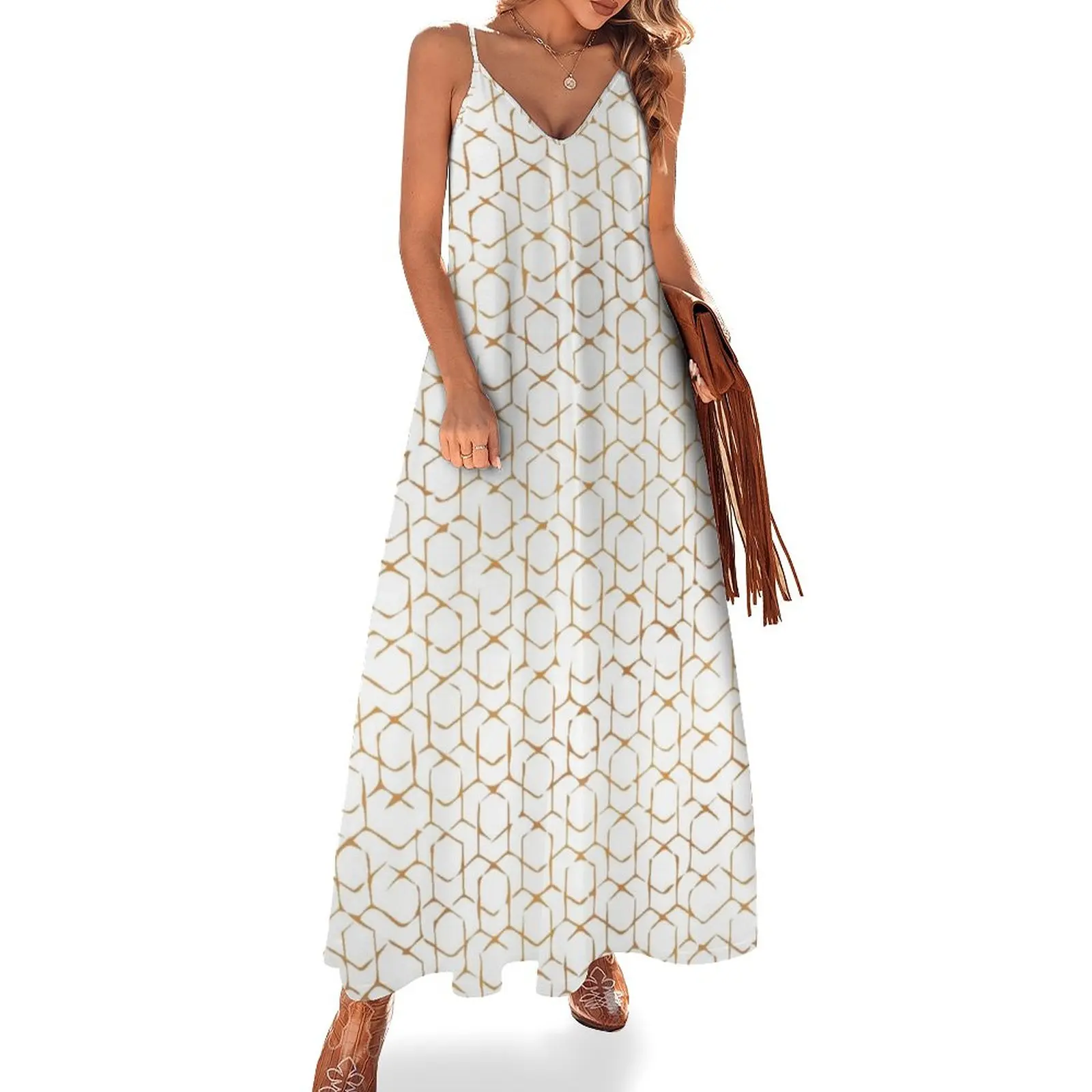 

White with gold inlay jali Sleeveless Dress summer dress daily dress women summer summer dresses womens 2024