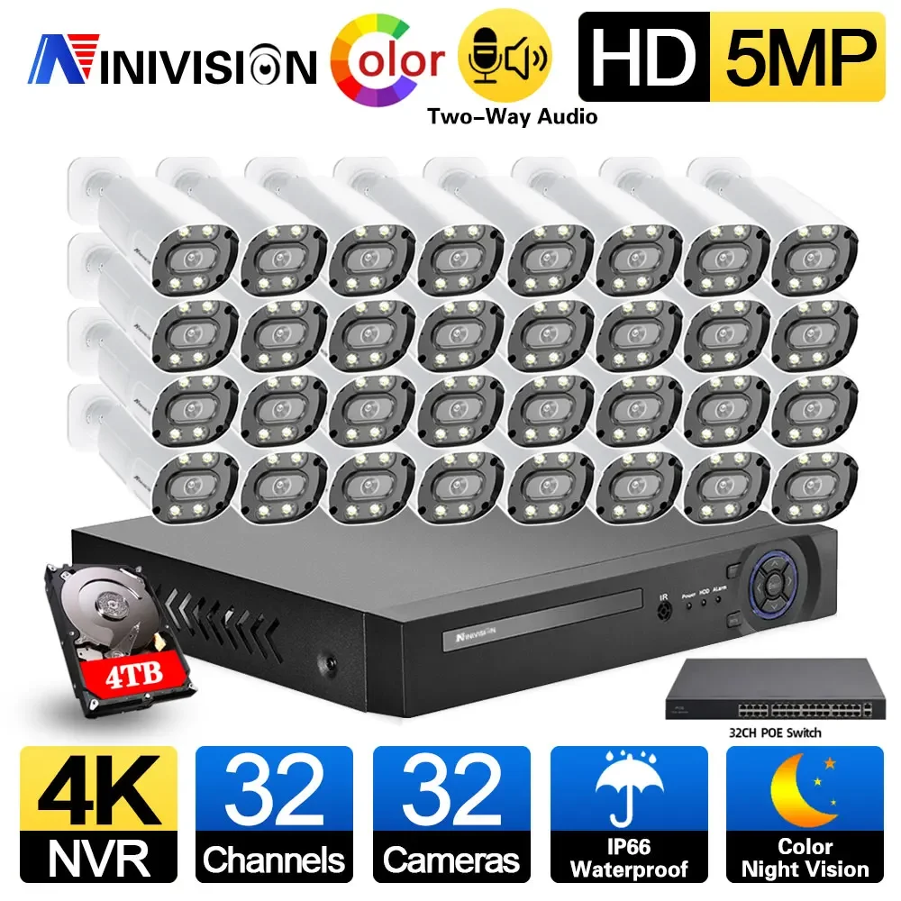 

32CH POE IP Camera NVR Kit 2K 5MP CCTV System Metal 2 Way Audio Color Night Vision Security Surveillance Camera System Kit XMEYE