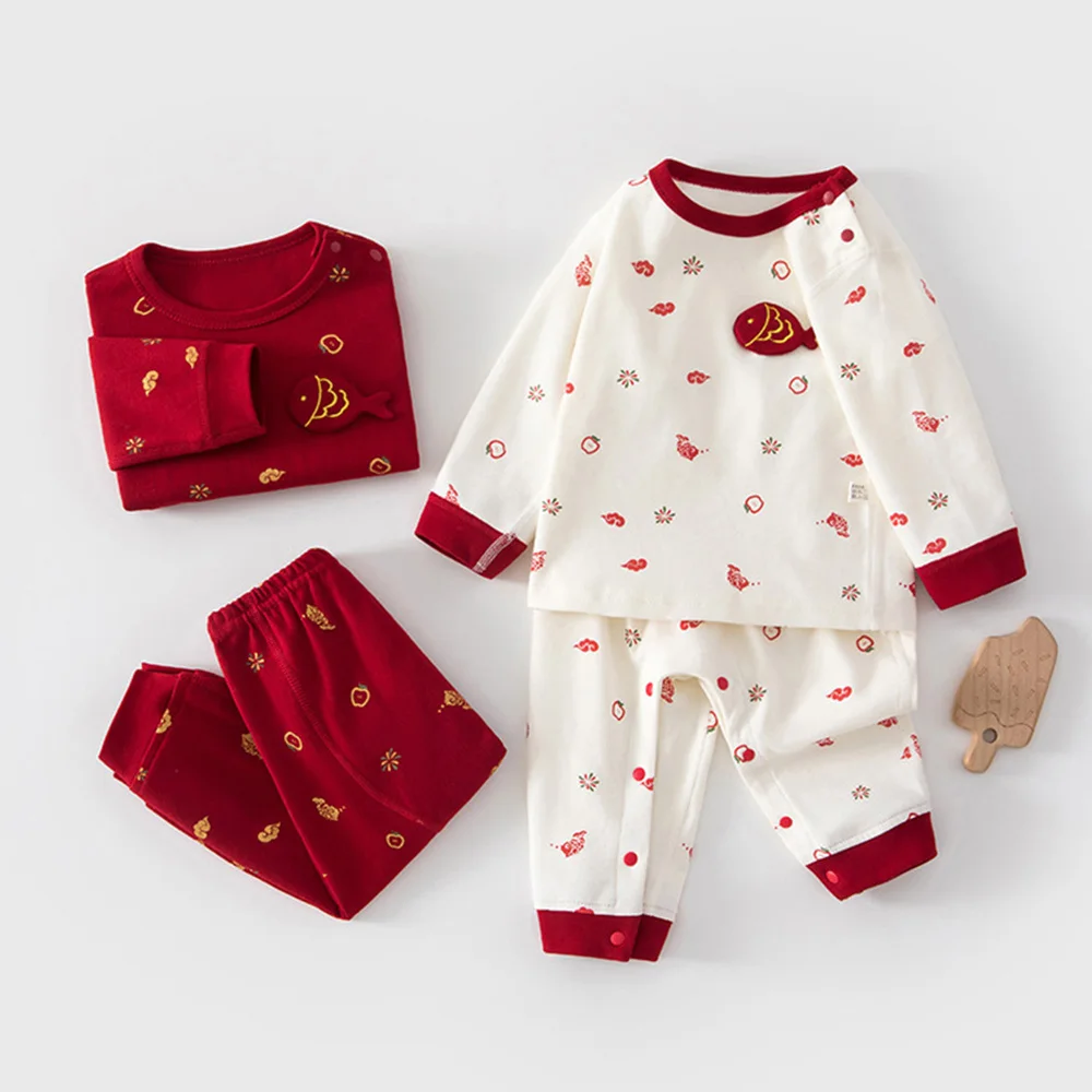 Chinese Style New Year Baby Clothing Set Cotton Long Sleeve Tops Pants 2Pcs Spring Autumn Unisex Infant Outfits For Boys Girls