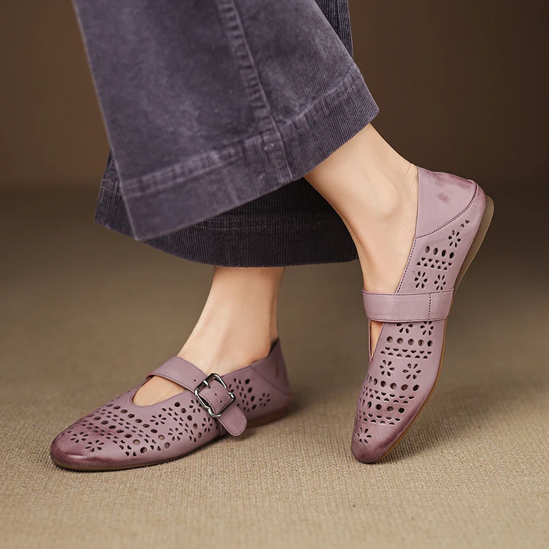 

Genuine Leather 2026 New Summer Vacation Style Women Mary Jane Flats Comfortable Flat Lace Up Sandals
