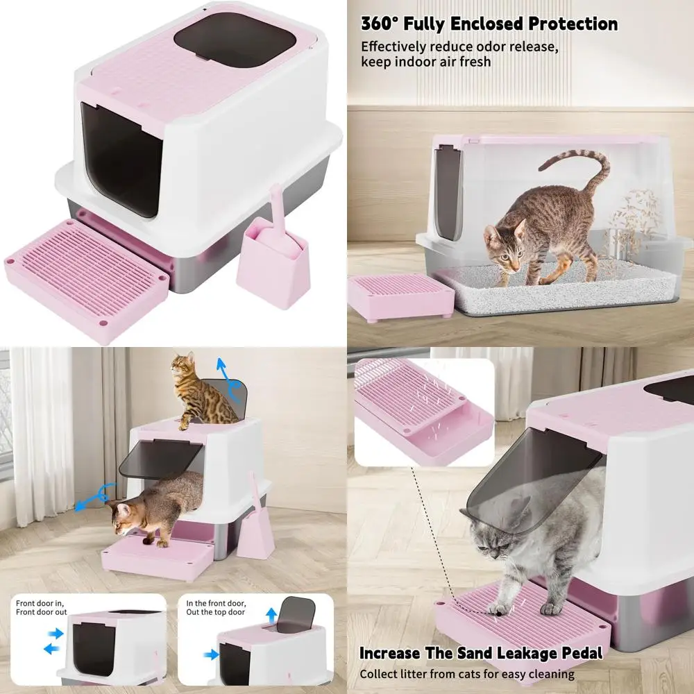 

Large Top Entry Cat Litter Box - High-Sided Anti-Scatter, Stainless Steel, Odor Control, Easy Clean, Non-Stick Coating, Pink Pan