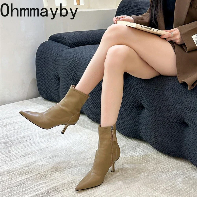 Pointed Toe Women Elastic Short Boots Fashion Side Zippers Slim Ankle Booties High Heel 2024 New Autumn Winter Ladies Shoes