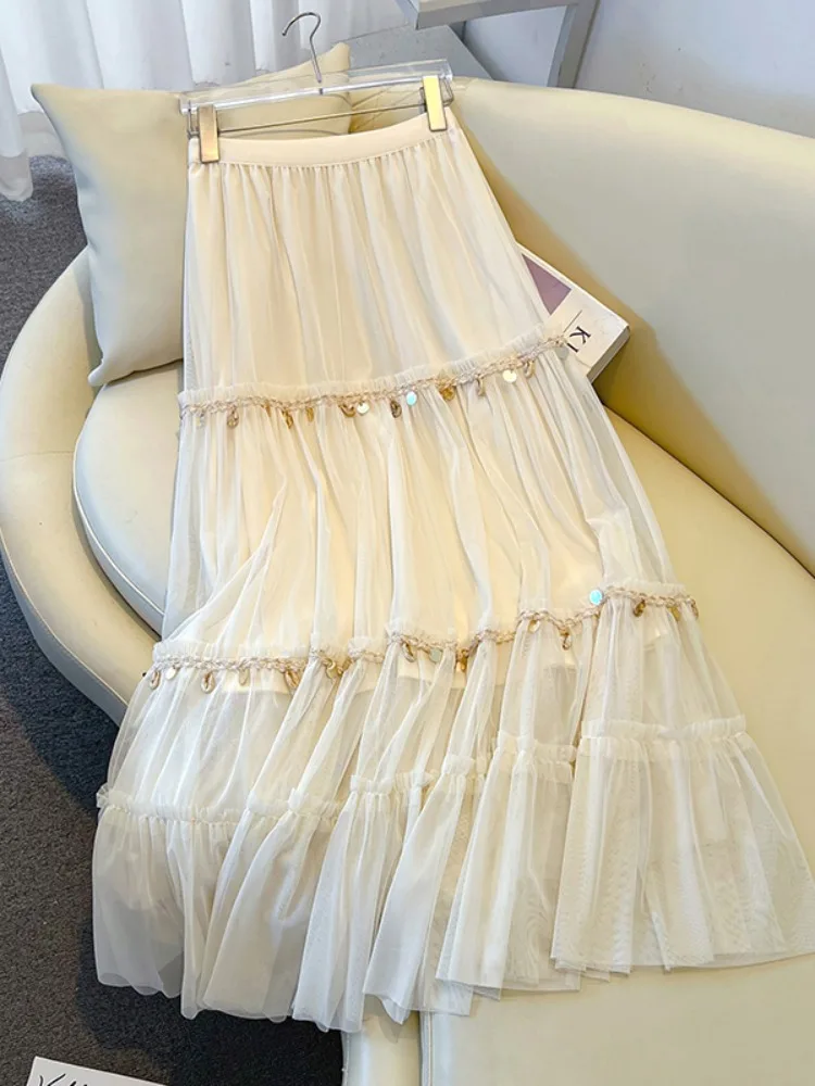 

Женская летняя многослойная юбка А-силуэта с бахромой и вставками, в корейском стиле, с высокой талией, эластичная