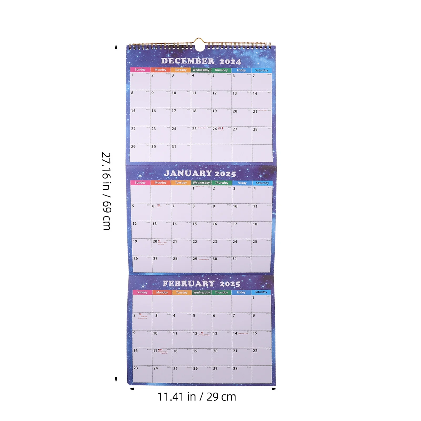 Calendario da parete verticale pieghevole con vista a tre mesi, grande agenda mensile del 2025, organizer da appendere per l'aula, l'ufficio, la casa