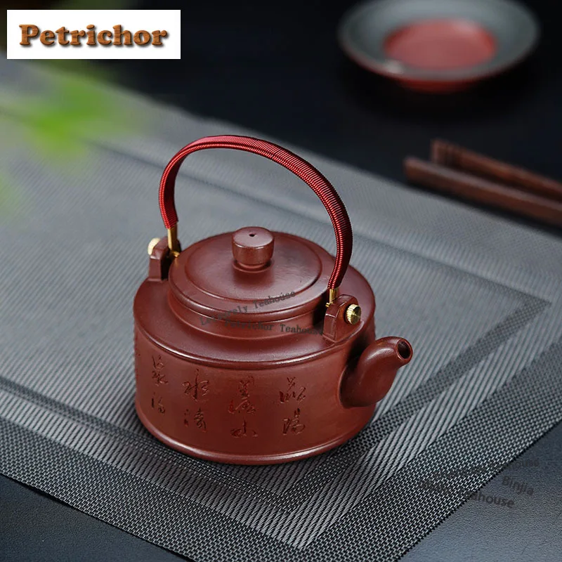 300ml Yixing Purple Clay Teapots Handmade De Bell Loop-handled Pot Di Cao Qing Kettle Zisha Teaset Teaware Items Decoration
