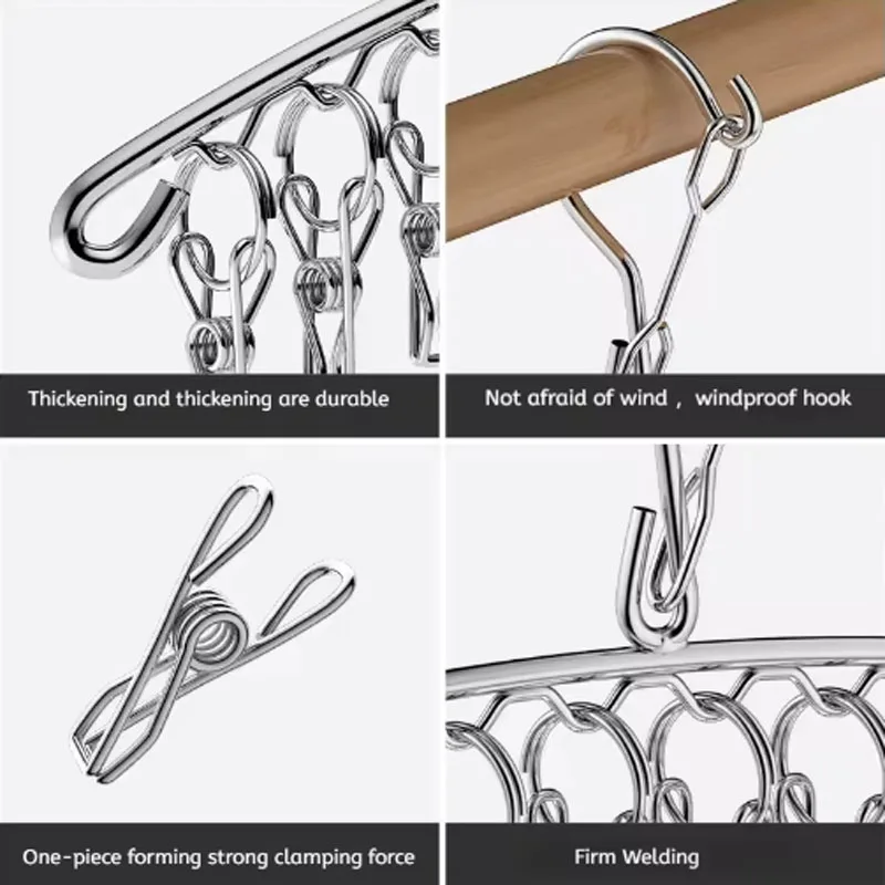 20 أوتاد الفولاذ المقاوم للصدأ الملابس تجفيف شماعات يندبروف رف الملابس مقاطع جورب الغسيل Airer شماعات حامل الملابس الداخلية