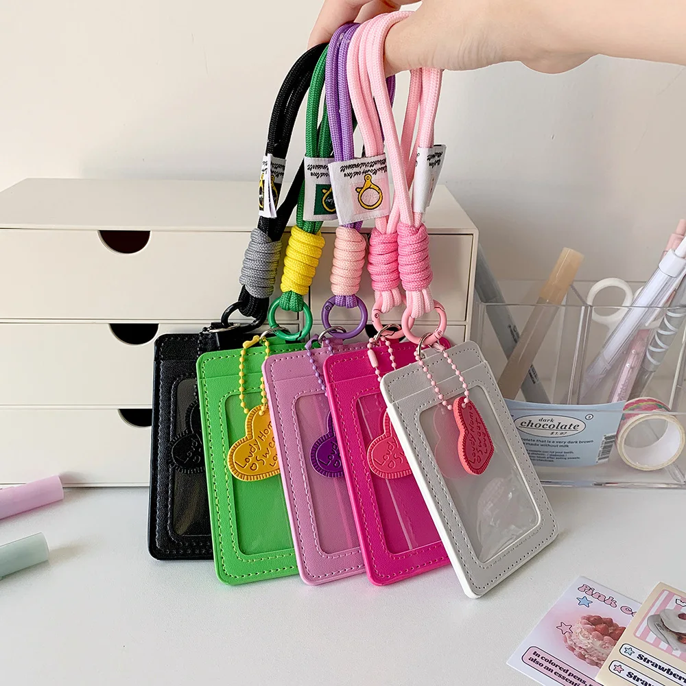 

INS PU Leather Credit ID Card Holder Love Heart Pendant Photocard Holder Keychain Kpop Card Sleeve Protective Film Idol Photo