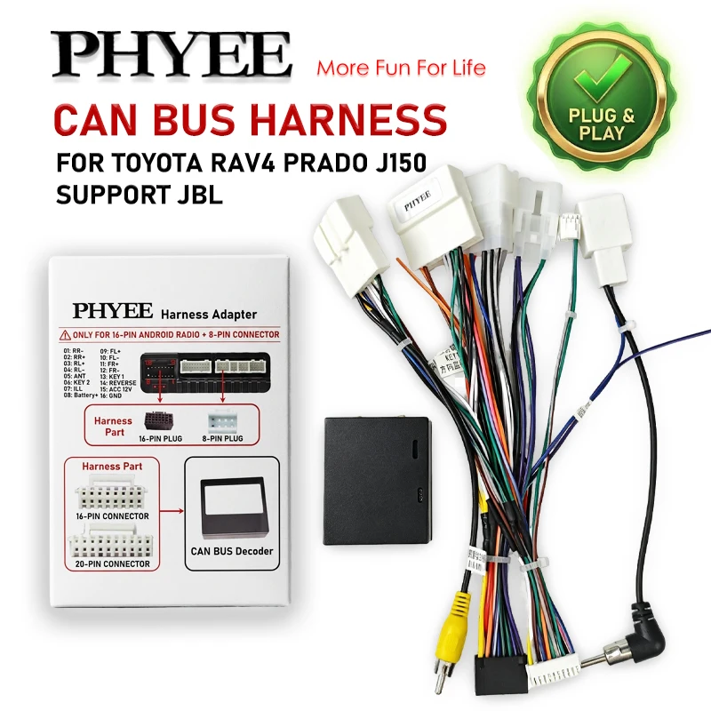 Wiring Harness CAN BUS Decoder for Toyota RAV4 Prado J150 16-22, 16Pin/24Pin/28Pin, Support JBL/SWC, P&P 16Pin Android Adapter