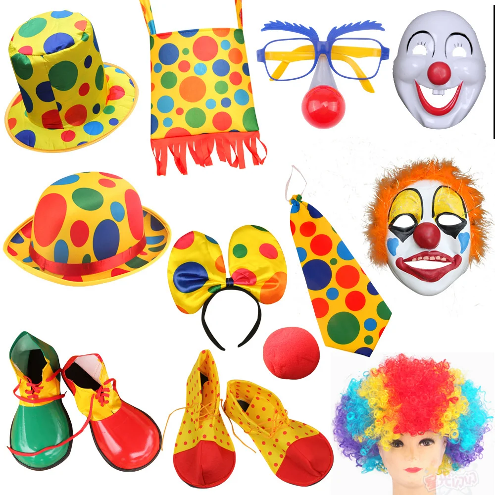 Halloween Cosplay Clown Dress Clown Costume Clown Hat naso Clown Mask Paint Tie scarpe da Clown Clown Golves cravatte accessorio per il trucco