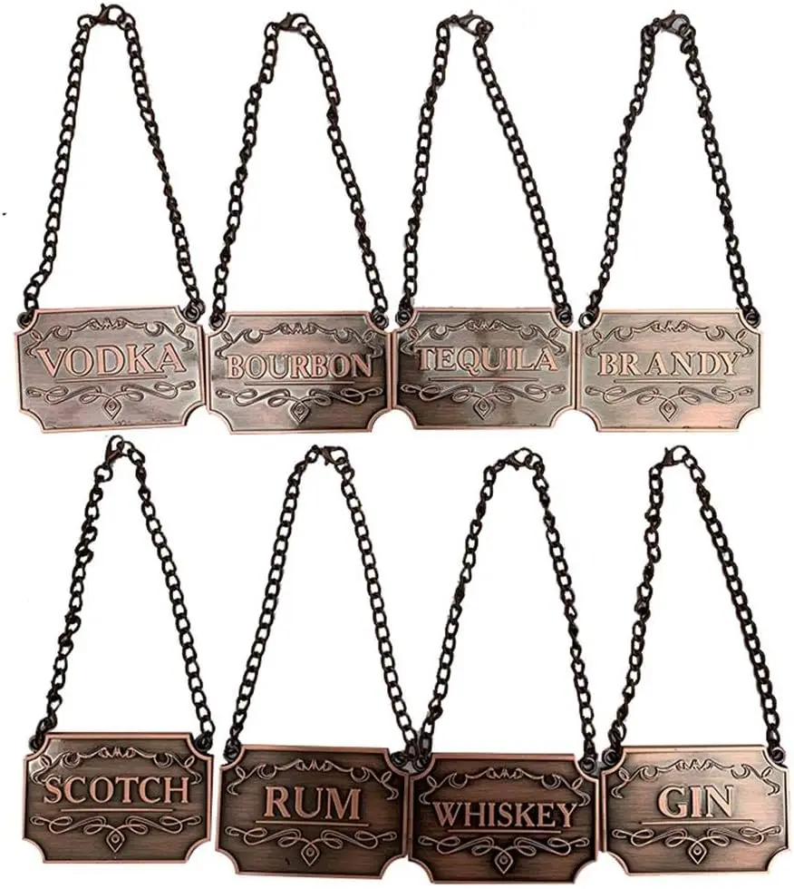 Zinc-Copper Alloy Liquor Decanter Tags Labels Set of Eight with Adjustable Chain Fits Most Bottles Copper Marking Labels