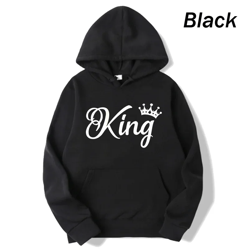 Fashion Women Long Sleeve Pullover Hooded Sweatshirts Unisex King and Queen Print Hoodies Casual Streetwear Couple Sweat