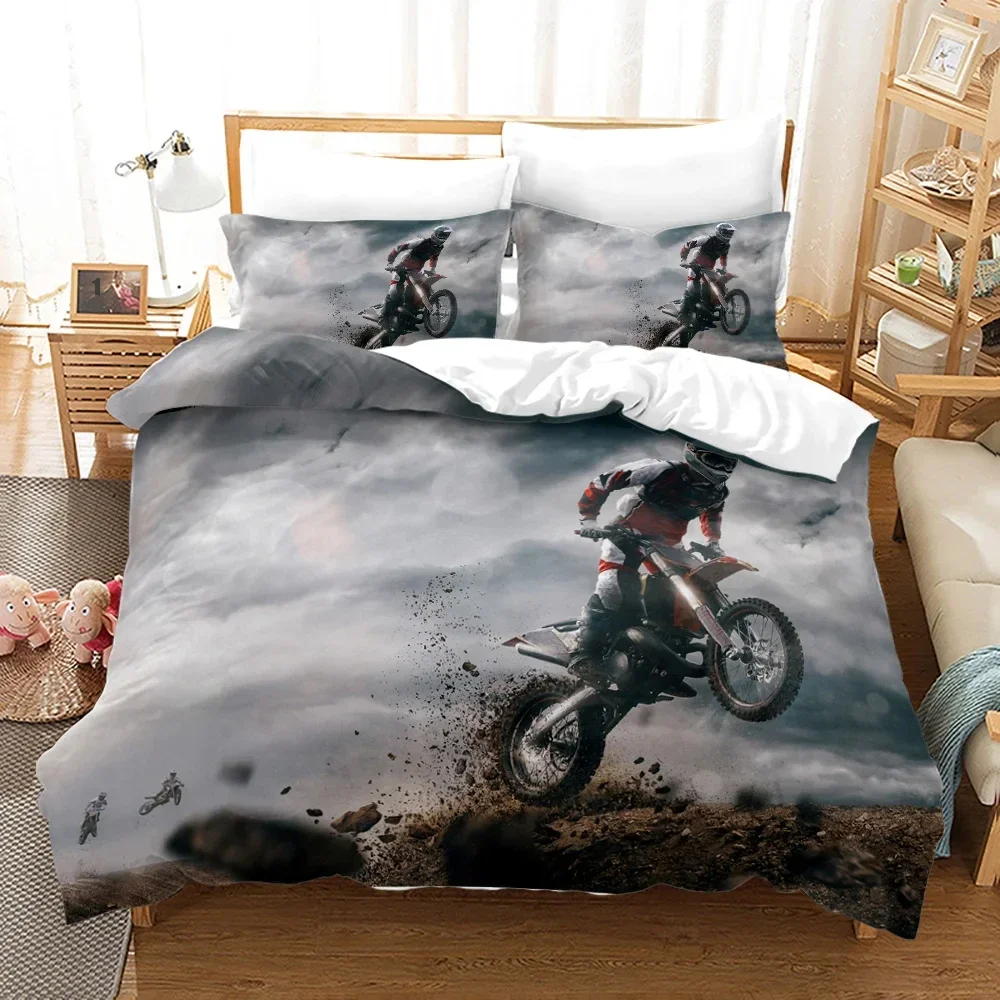 Dirt Bike Duvet Cover Motocross Bedding Set for Boy Motorcycle Rider Bedding Set King Polyester Comforter Cover with Pillowcase