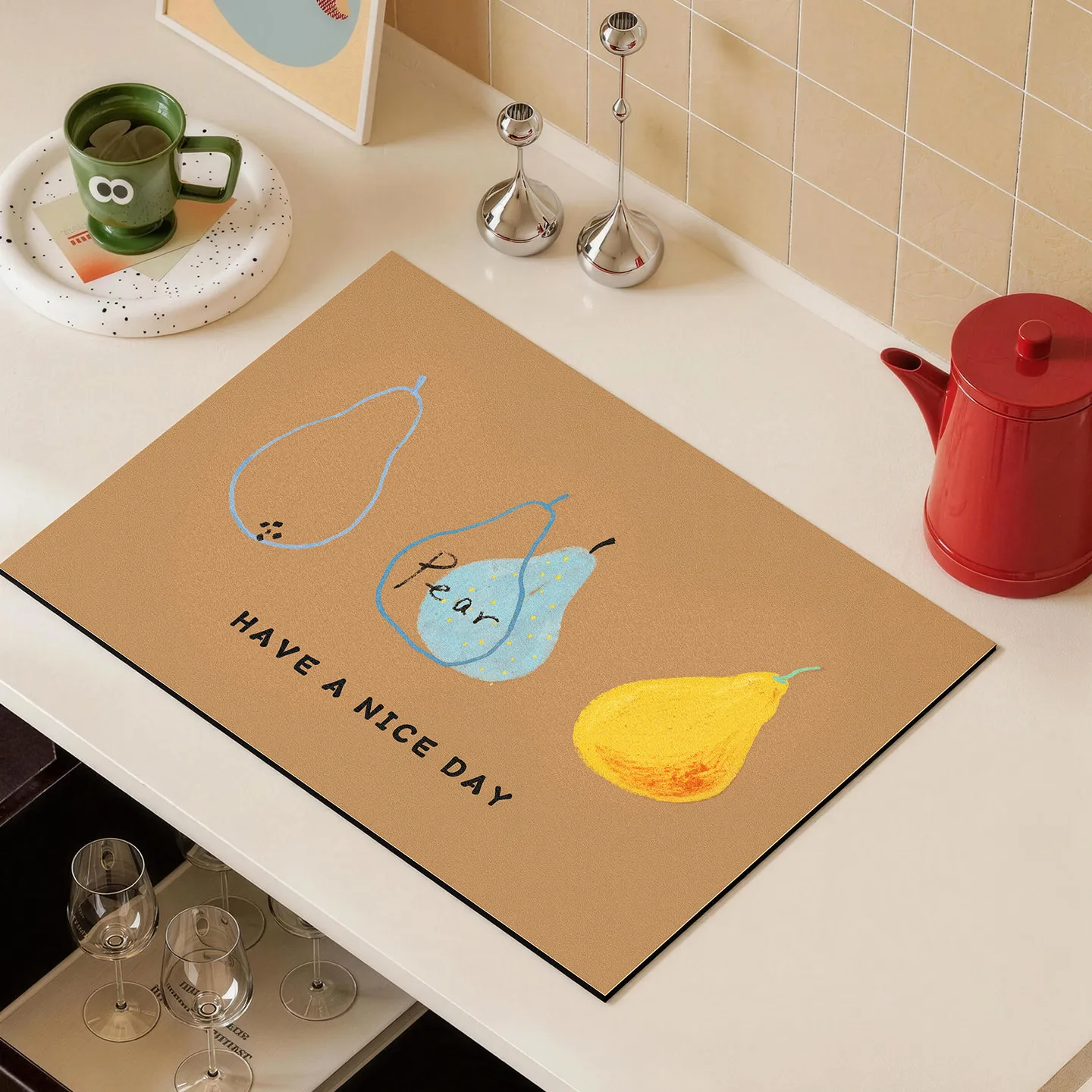 VIKAMA Cute Apple Graphic Dish Drying Mat Absorbent Heatproof Non Slip Kitchen Counter Coffee Machine Home Draining Decor Mat