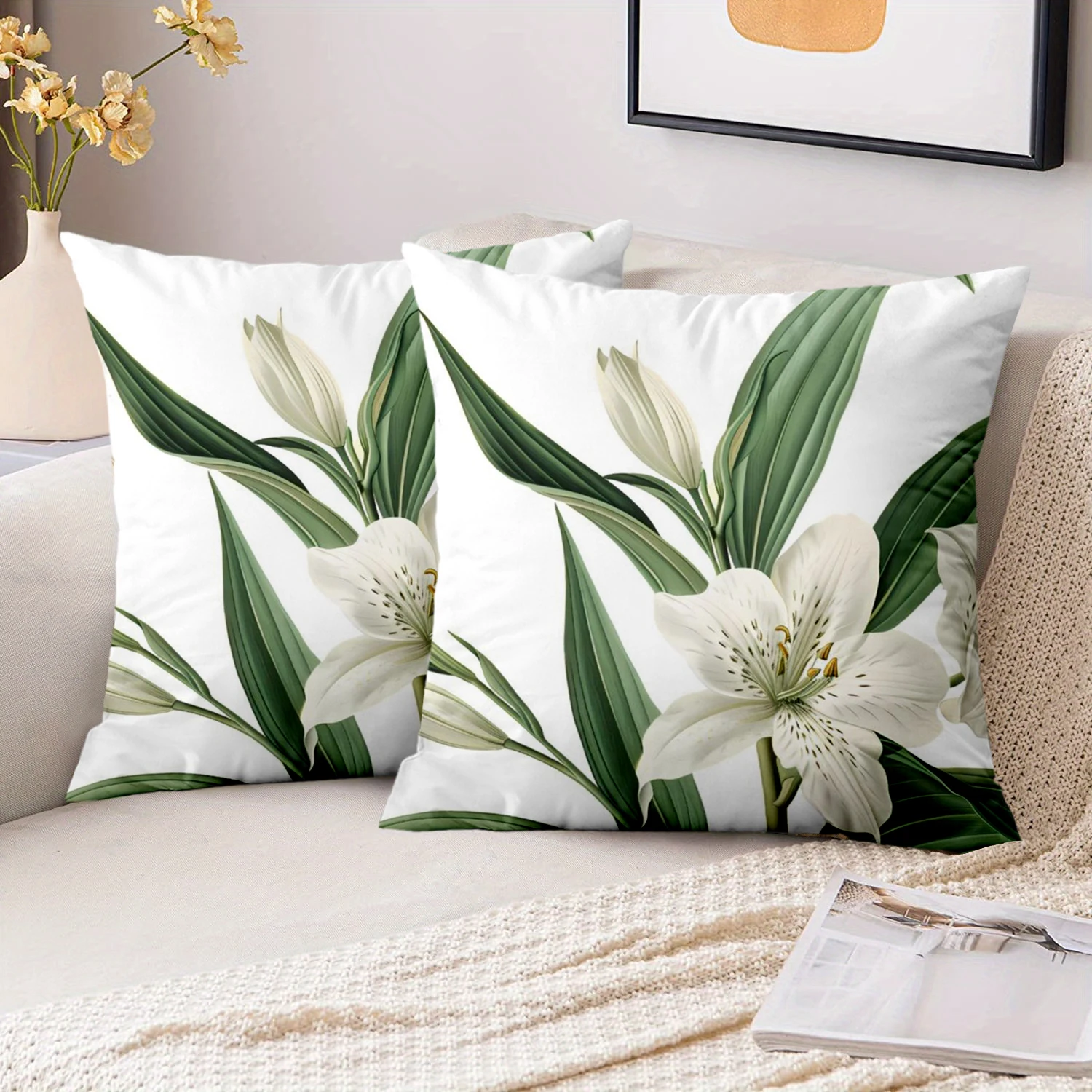 1 Pieces Set of 2 White Lily Floral Throw Pillow Covers Pattern Cushion Cover Suitable for Sofa Bedroom Car Pillow Cover