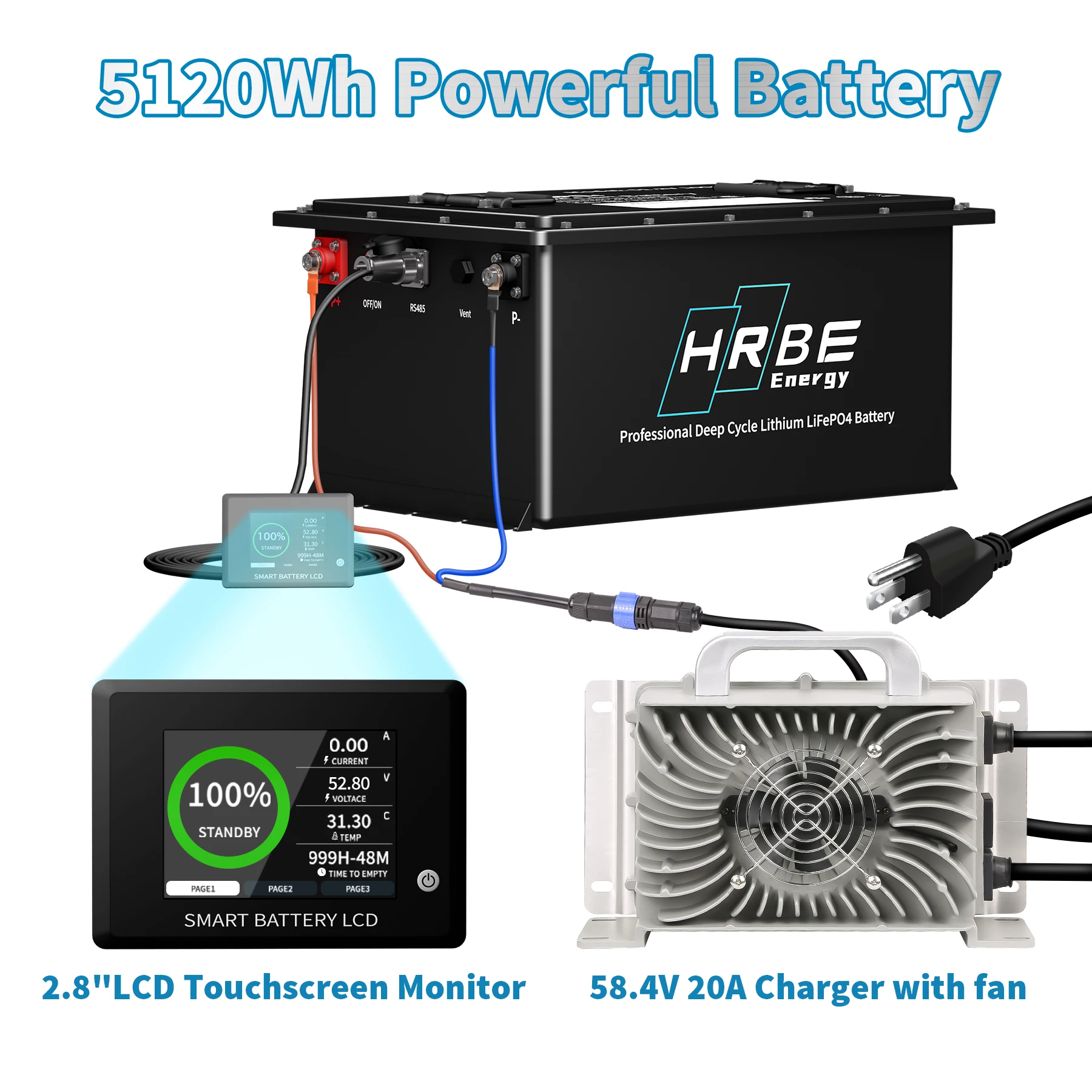 

HRBE -Energy 48V 100Ah LiFePO4 Battery Pack Full Capacity 51.2V 5.12KWh 16S 100A BMS Deep Cycles 5000+ Lifespan for Golf Cart