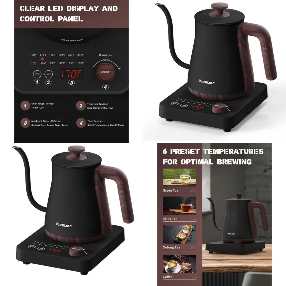 

1000W Gooseneck Electric Kettle, 0.8L, 6-Temperature Presets, LED Display, Ultra-Fine Spout, 304 Stainless Steel, Matte Black