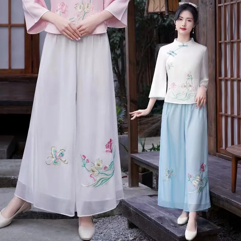 Chinese Traditional ClothesL Iterature Art Retro Spring  Autumn Comfortable  Chiffon Embroidery Wide Leg Trousers Baggy Trousers