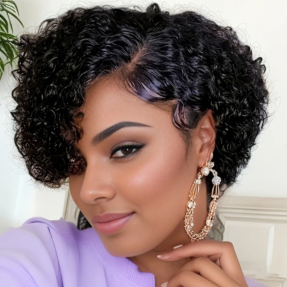 

﻿ Short Pixie Cut Deep Curly Bob 13x4X1 T Part Lace Front Human Hair Wigs For Women Brazilian Remy Hair Wigs