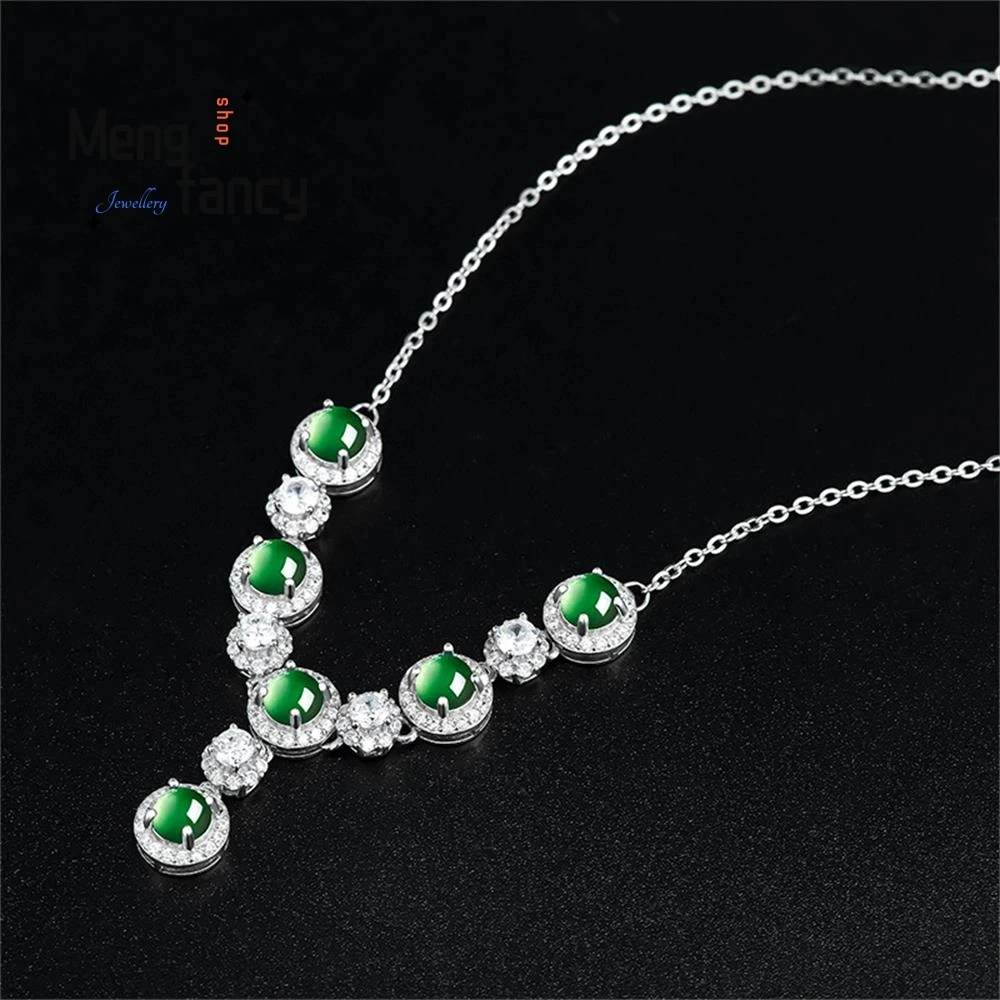 

Natural Jadeite Yang Green Egg Ice Jade Pendant S925 Silver Inlaid Exquisite High-grade Sexy Young Girls Luxury Quality Jewelry
