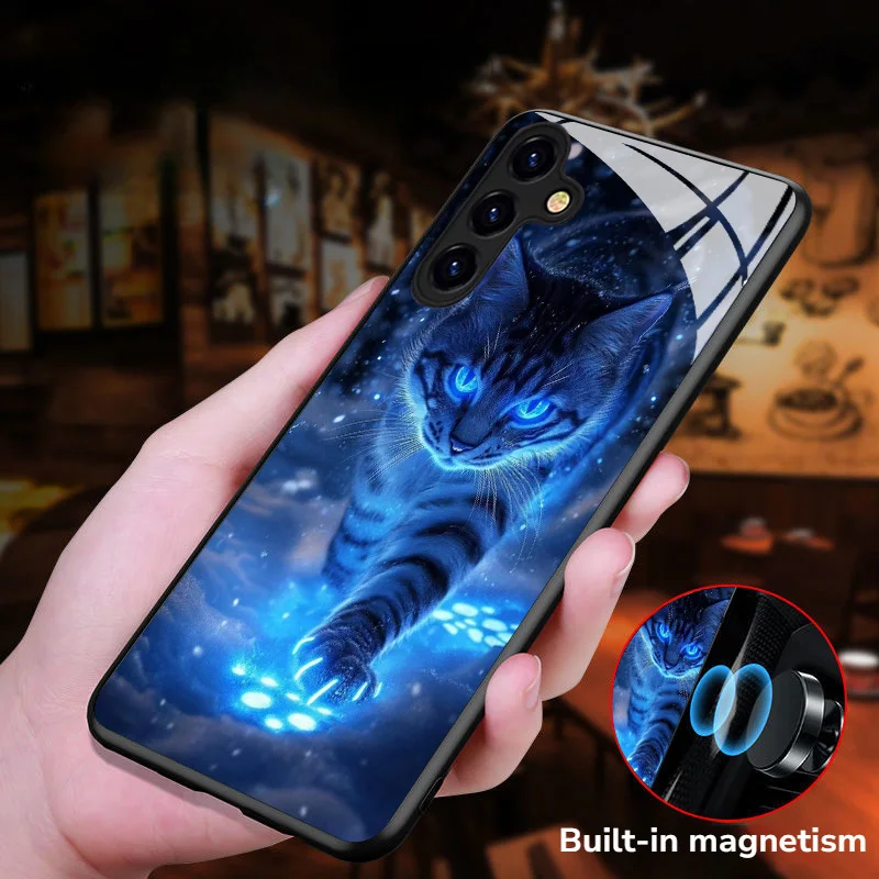 

Blue light cat design tempered glass phone case suitable for Samsung Galaxy S25 S24 S23 S22 S20 FE Ultra Plus 4G 5G