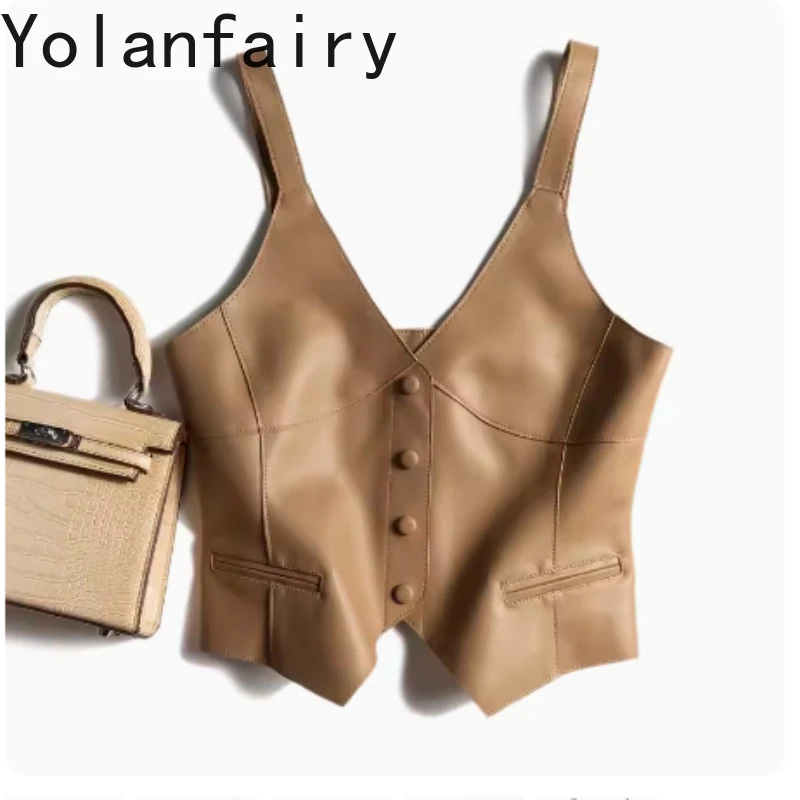 YOLANFAIRY Echtes Leder Weste für Frauen Kleidung Frühling Schaffell Hosenträger Mantel Dünne Kurze Oberbekleidung Damen Leder Jacke