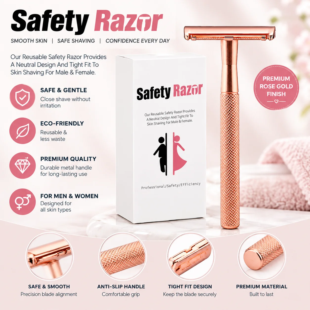 Vintage Style Safety Razor for Men, Polished Metal Double Edge Razor with Textured Grip, Classic Wet Shaving Tool, 3 Colors for