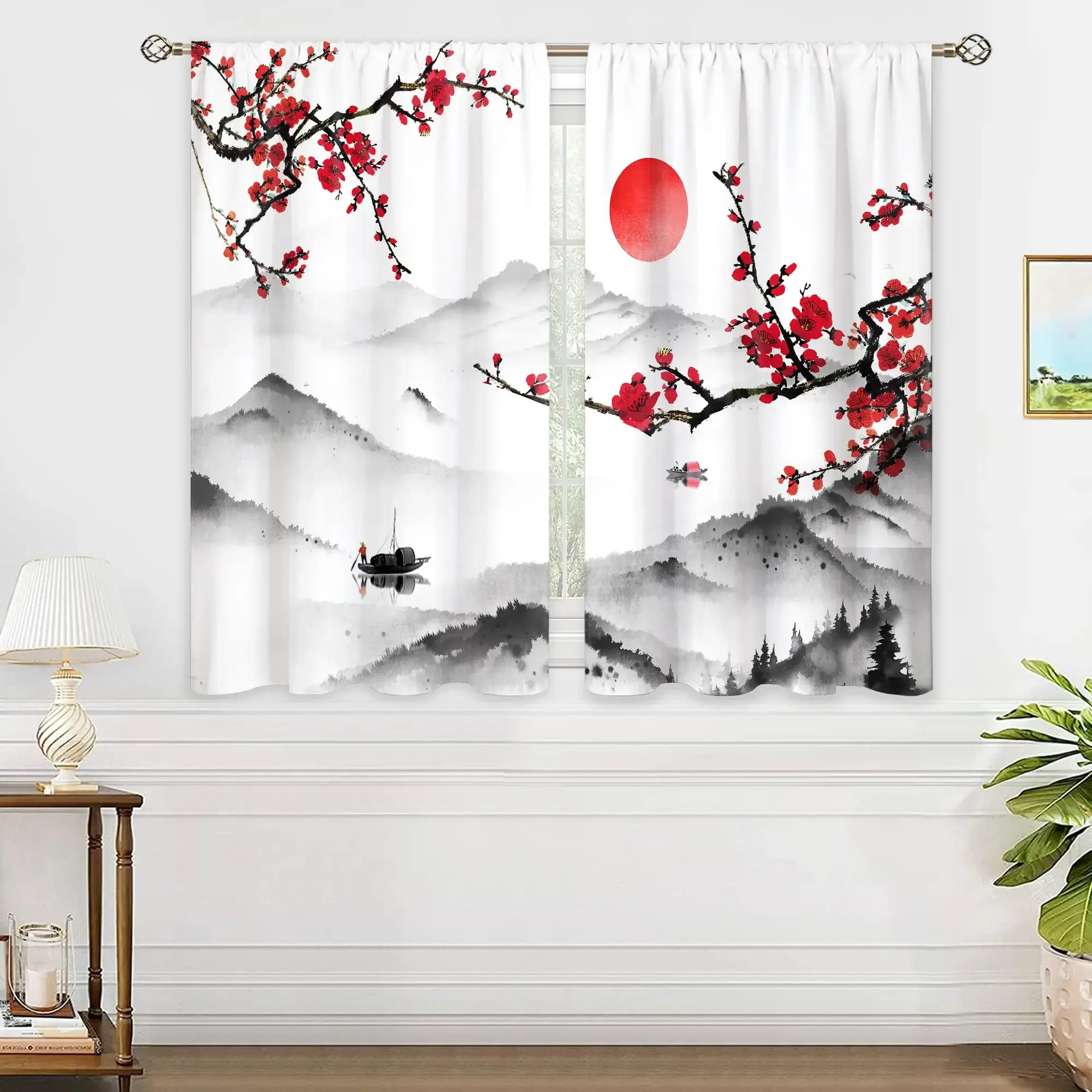 Watercolor Chinese Landscape Curtain Red Blossoms Mountain River Window Drapes Home Decor