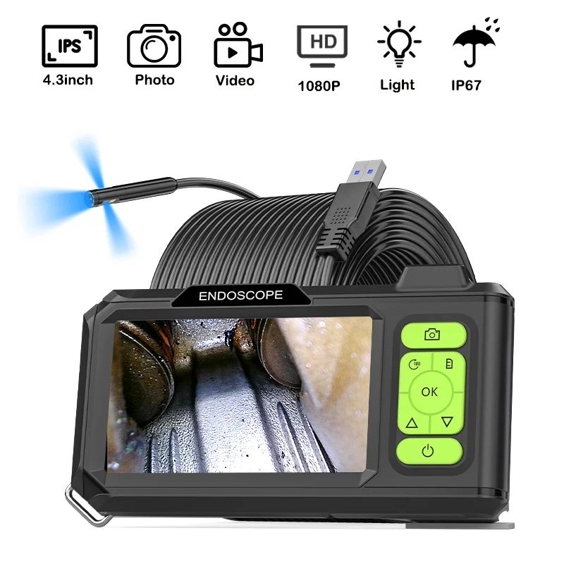 4.3‘’ IPS Screen Endoscope 1080P HD Video Inspection Borescope with LEDS Inspection Plumbing Camera Waterproof