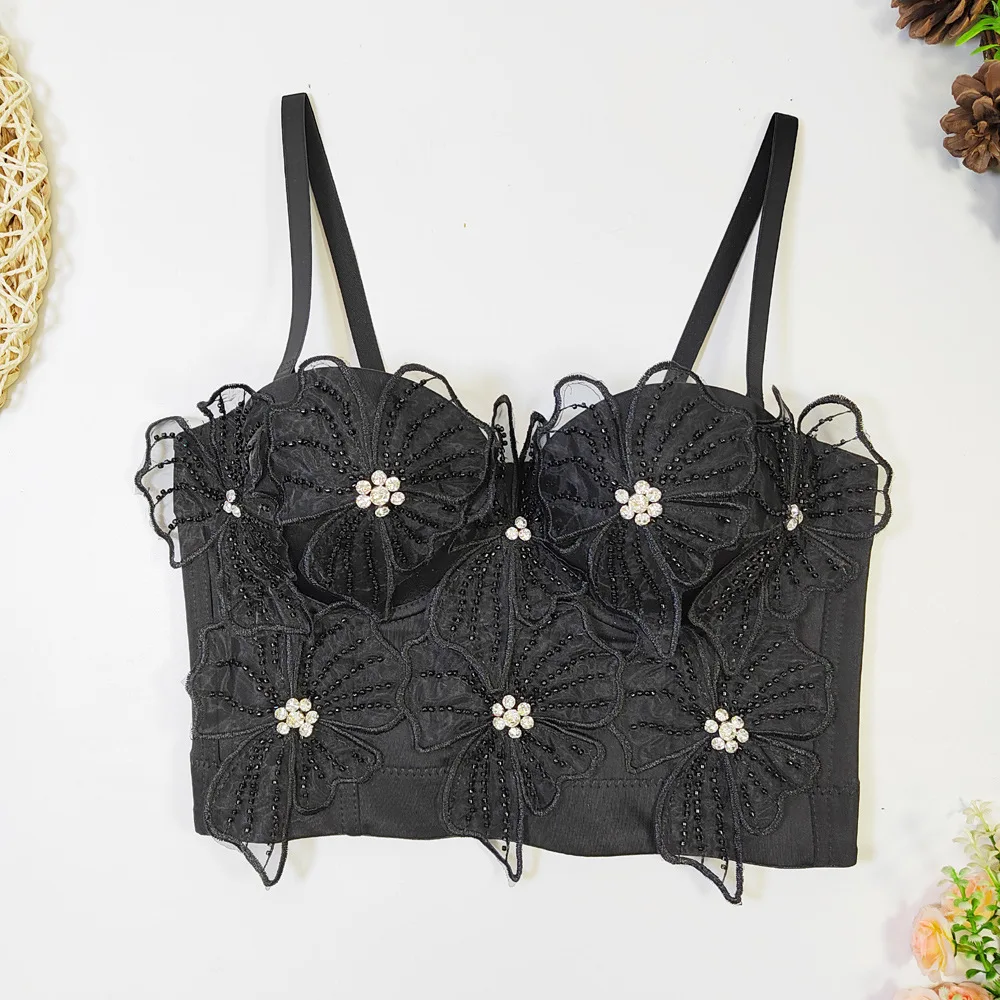 French Style Design Three-Dimensional Flower Beaded Tube Top Outer Wear Breathable Push Tight with Chest Pad Wrapped