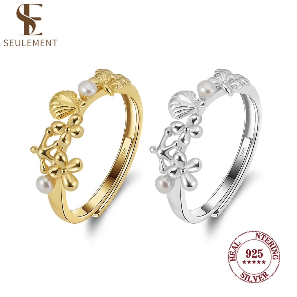 

Seulement Freshwater Pearl Engagement Ring 925 Sterling Silver Shell Flower Rings for Women Jewelry Girls Accessories