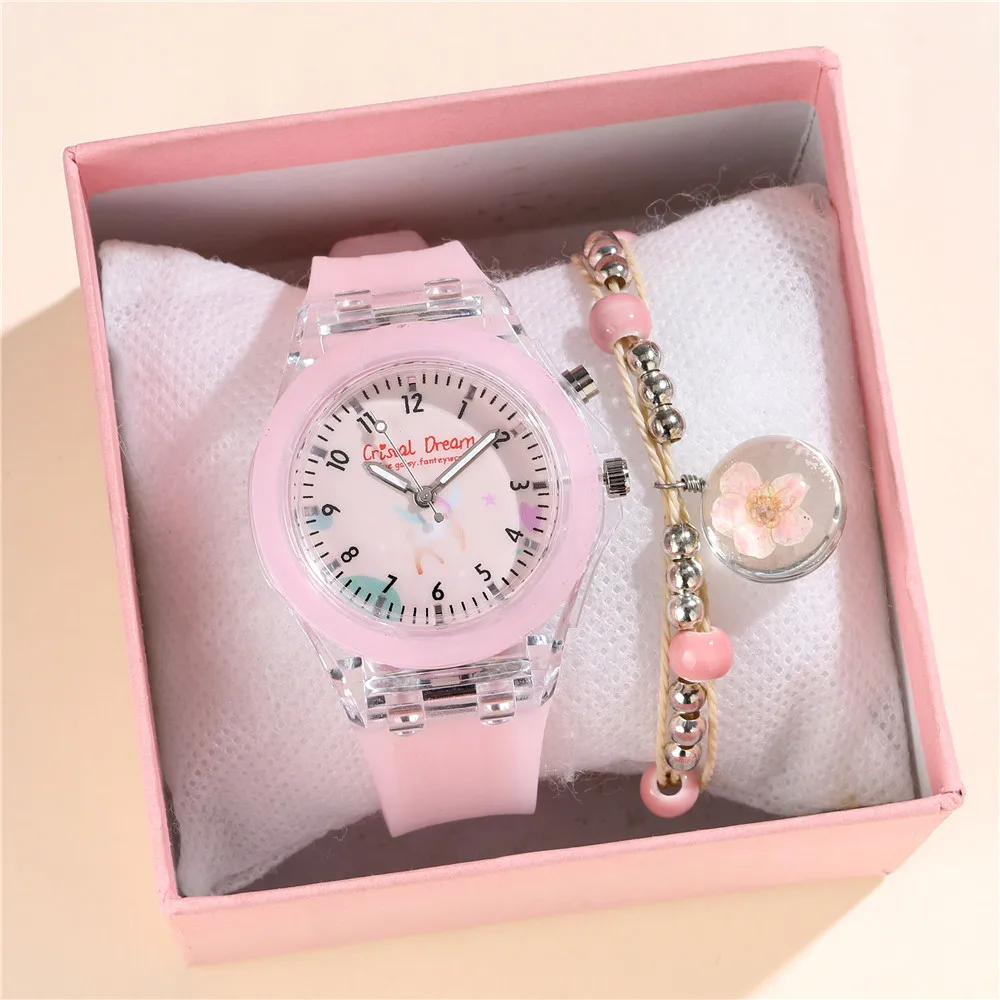 Children Watches Glow at Night Quartz CLOCK Silicone Band Cute Girls Primary School Wristwatch With Bracelet