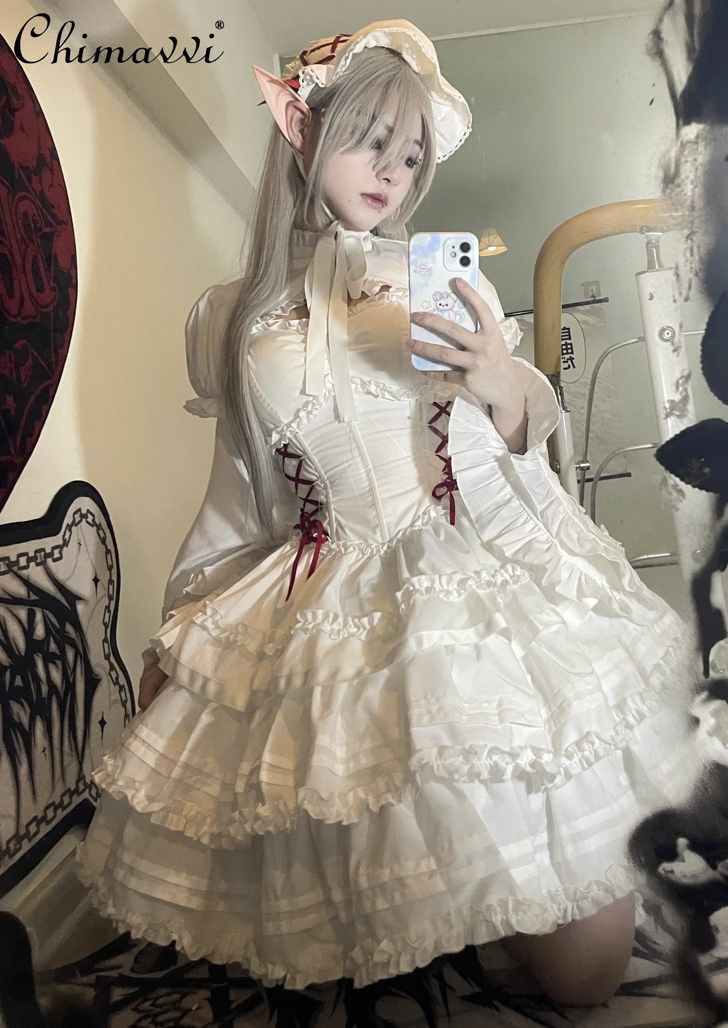 Original Design Gothic Retro Fishbone Waist Slim-fit Lolita Dress New 2024 Autumn Christmas Girl High Waist Kawaii Dresses Women