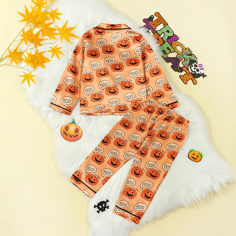 Kid Girls Boys Halloween Pajamas Set Pumpkin Print Long Sleeve Button-Down Tops Long Pants Autumn 2 Pieces Lounge Suit Sleepwear