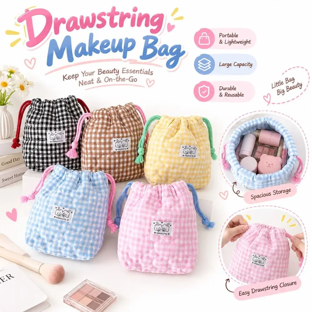 New Plaid Drawstring Makeup Bag Love Heart Label Quilted Fabric Camera Storage Bags Cute Style Cable Organizer Bag Daily Use