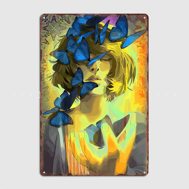 Mädchen mit blauen Schmetterlingen, digitales Kunstposter, Metallschild, Vintage-Stil, individuelles Schlafzimmer, Innenbereich, Wanddekoration, Poster, Raumdekoration